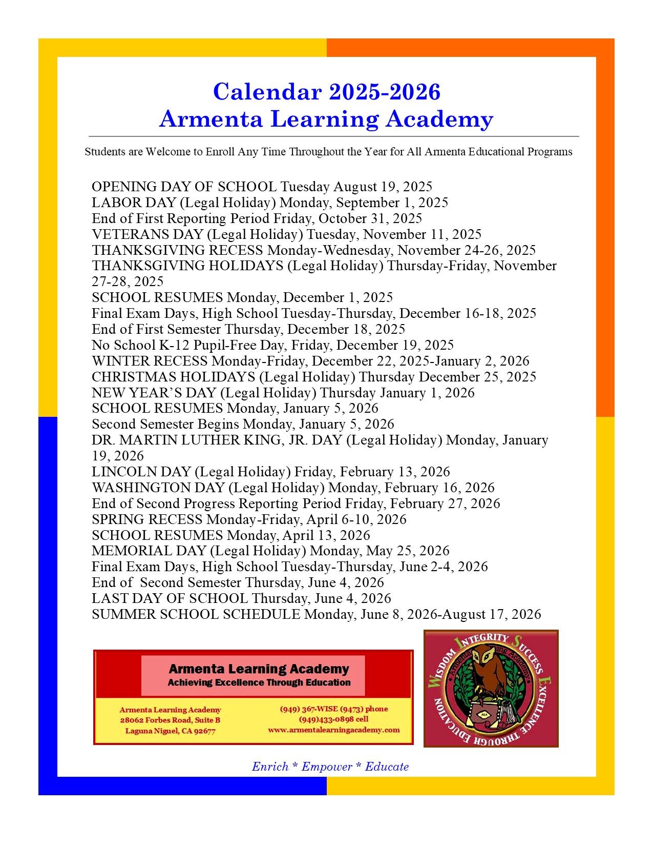2018-2019 Calendar — Armenta Learning Academy in Laguna Niguel, CA