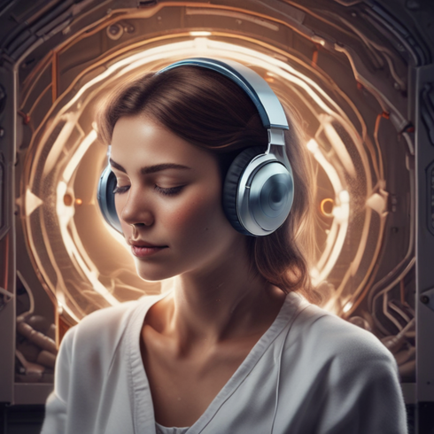 A woman wearing headphones with her eyes closed