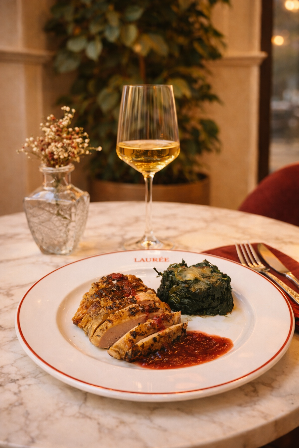 Un piatto di pollo a fette, verdure saltate e salsa, con un bicchiere di vino bianco e un piccolo vaso su un tavolo di marmo.