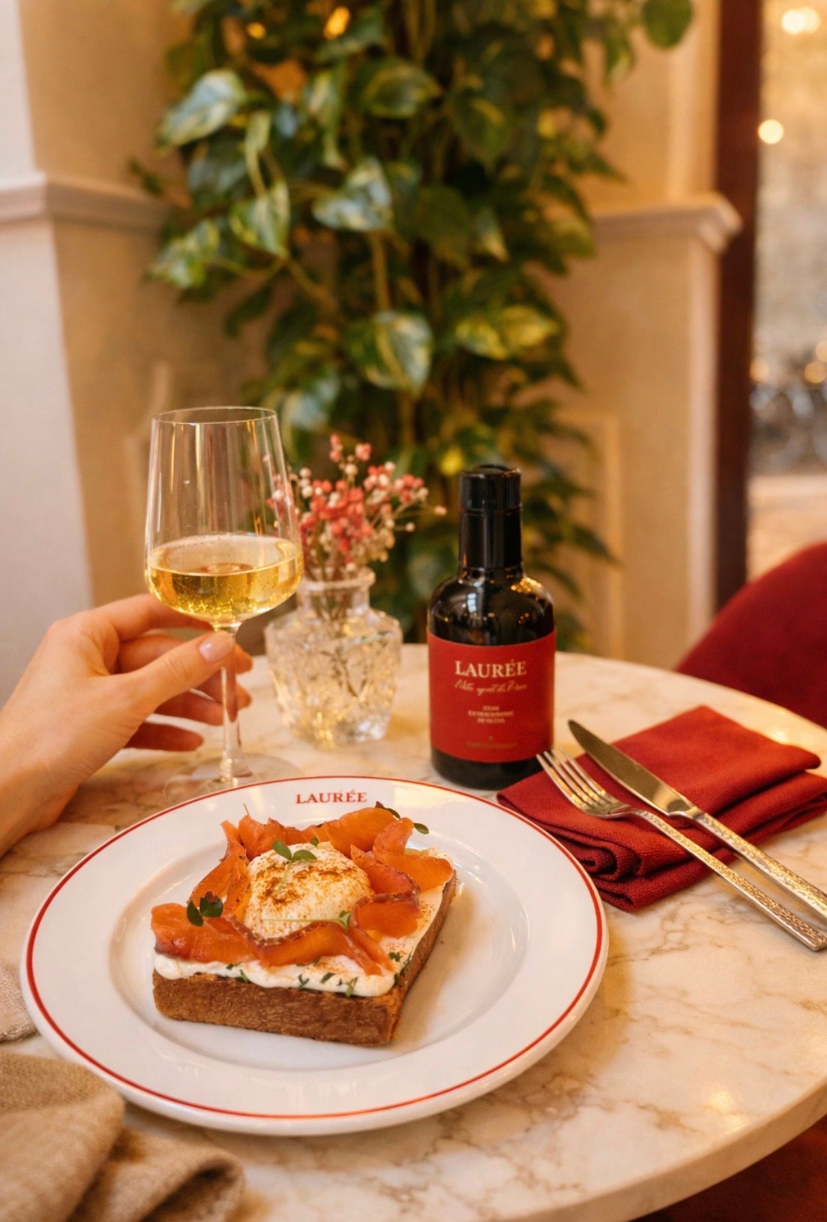 Su un tavolo di marmo, una mano regge un bicchiere di vino bianco accanto a un piatto con crostini al salmone, una bottiglia d'olio e un tovagliolo rosso.