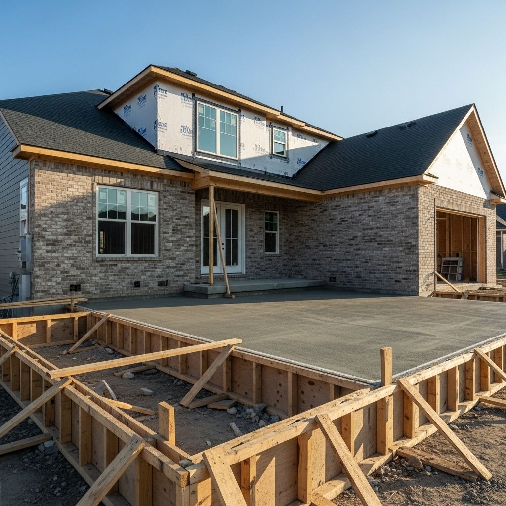 House under construction; brick exterior, concrete patio, and wooden framework in front.