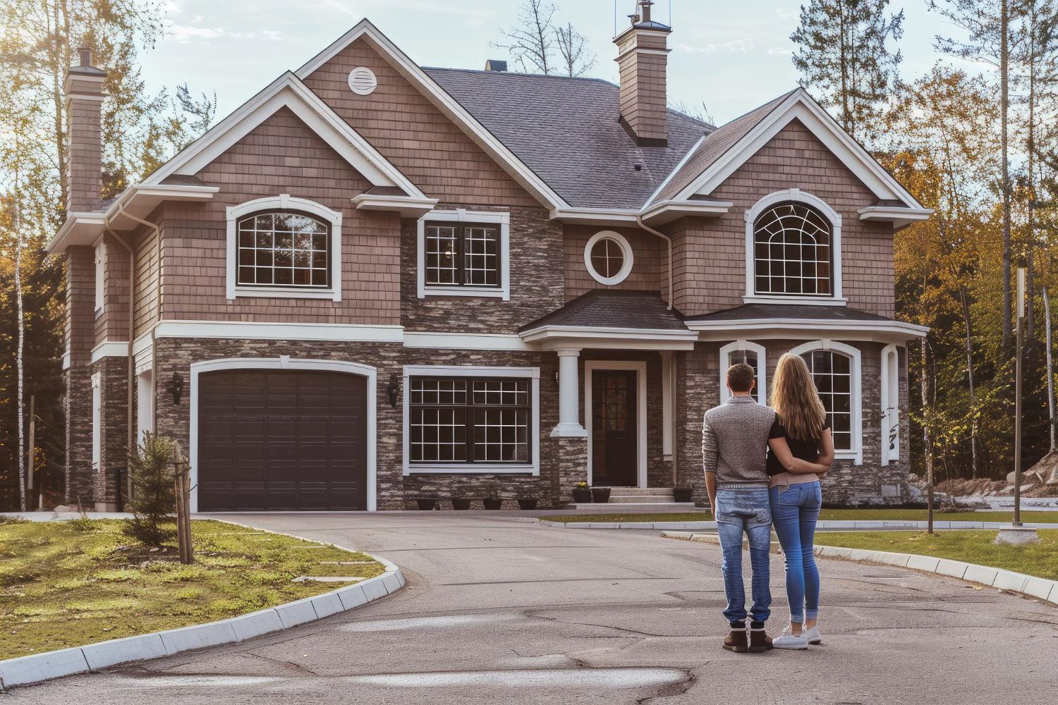 A man and a woman are standing in front of a large house.