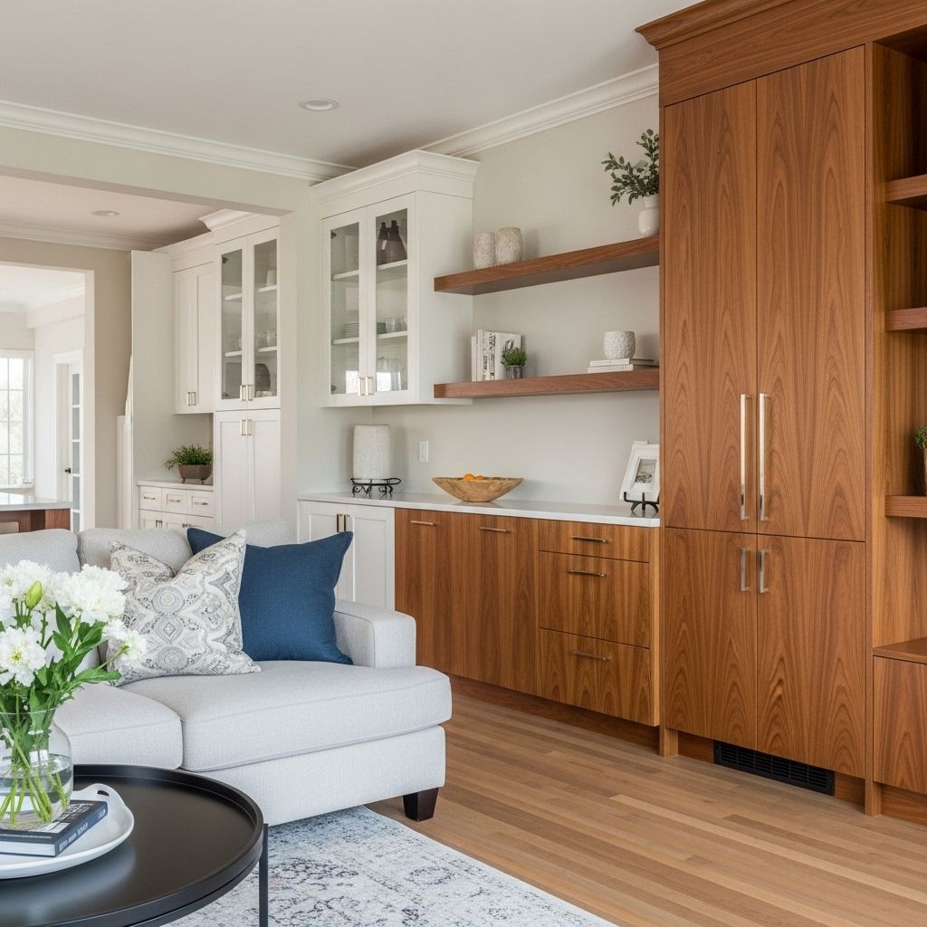 Living room with built-in cabinetry, sofa, and round coffee table; wood and white tones.