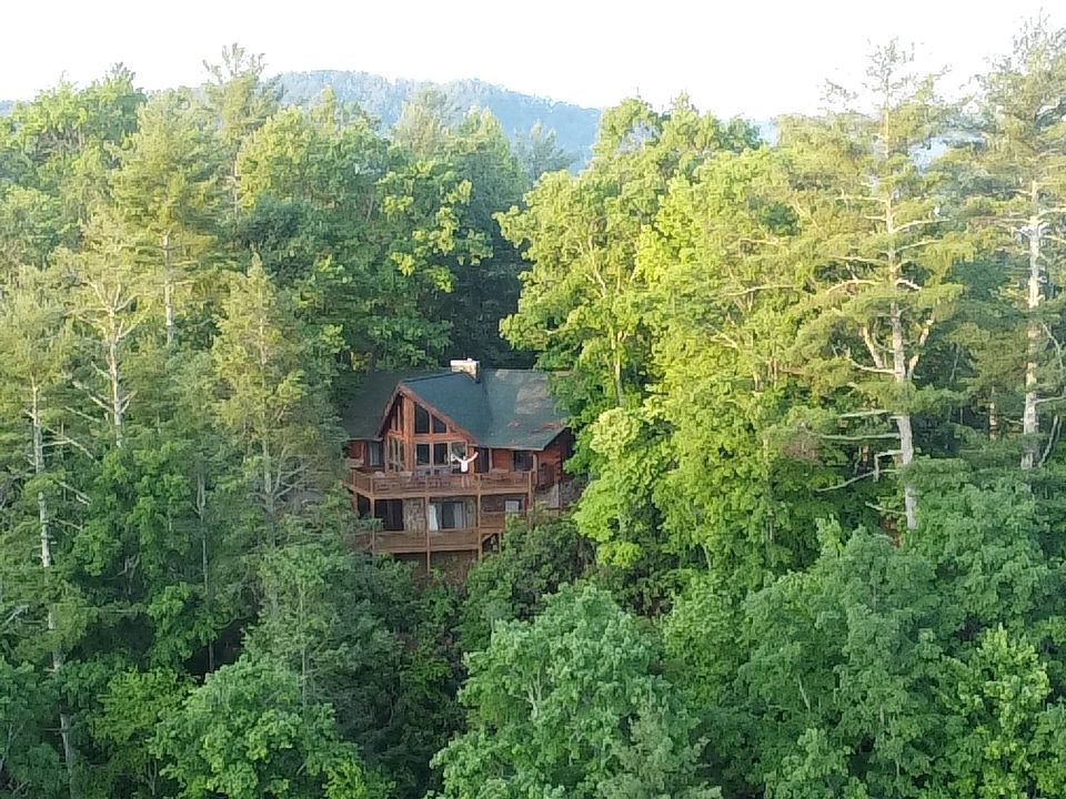 Cabin nestled in a lush green forest, with a dark roof and mountain in the background.