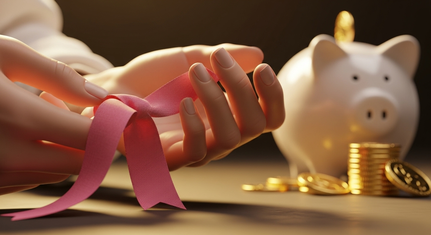 Woman tying pink ribbon, with a piggy bank and coins in background, likely fundraising for breast cancer awareness.