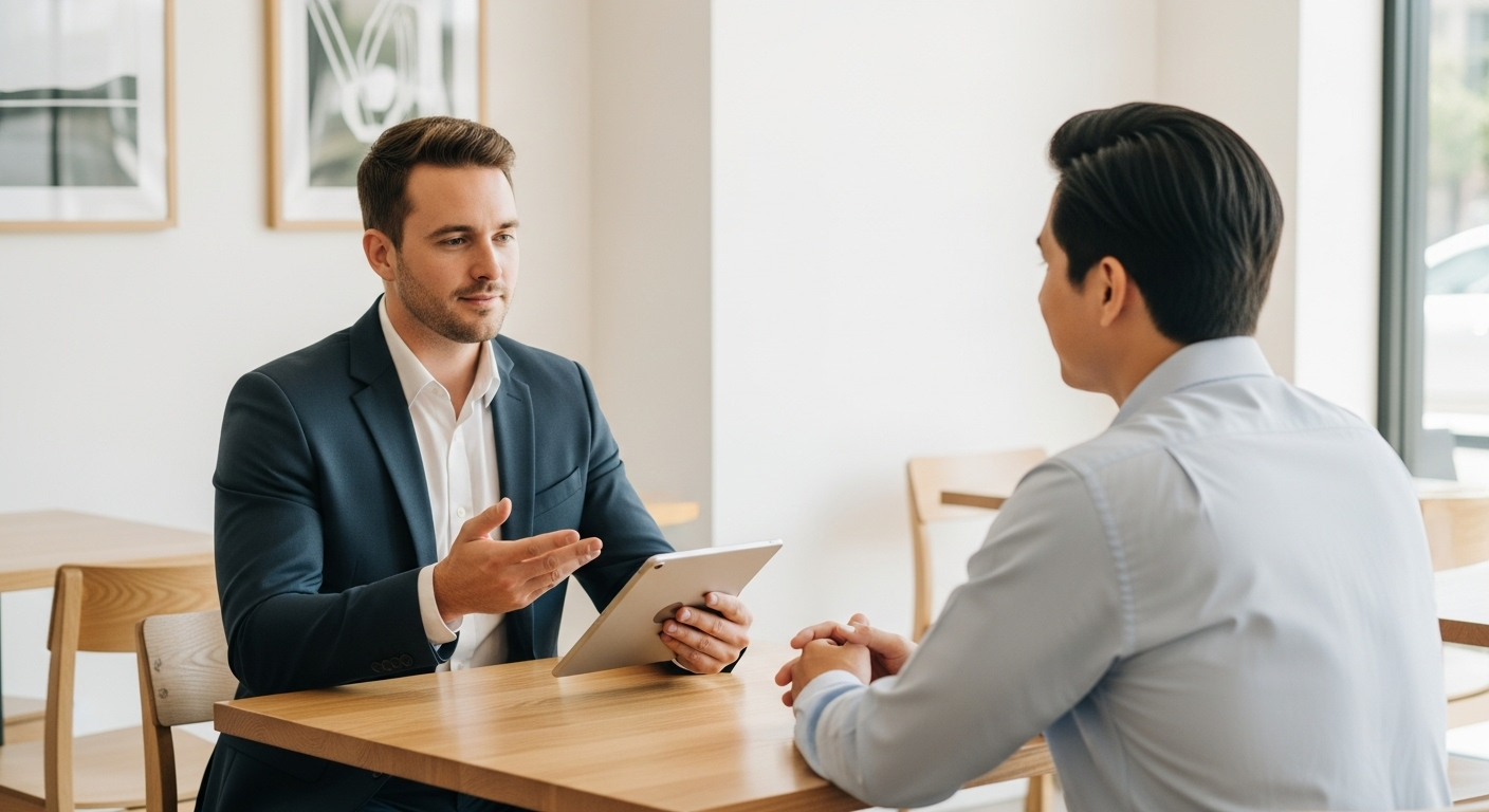 Two men at a table, one in a suit holding a tablet, gesturing while speaking to the other.