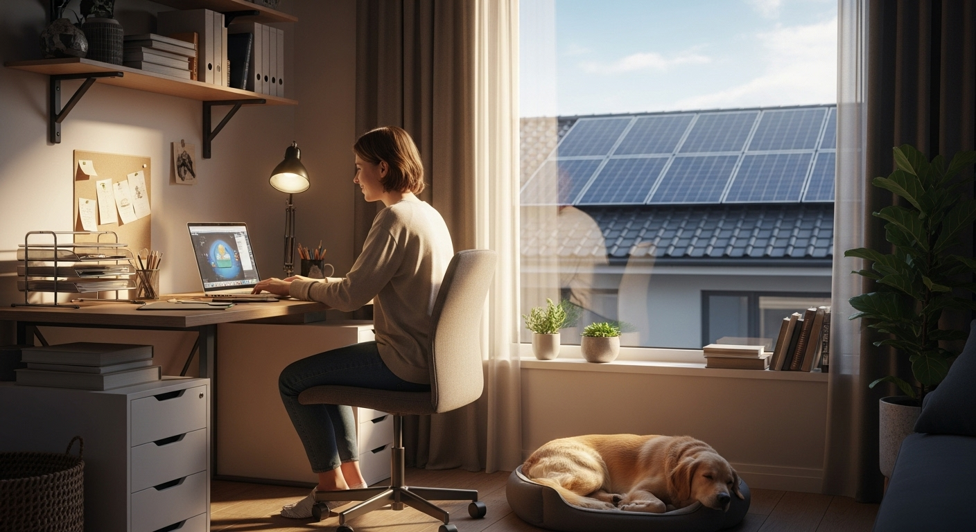 Woman working on a laptop at a desk near a sunny window, dog sleeping nearby, solar panels on the roof outside.