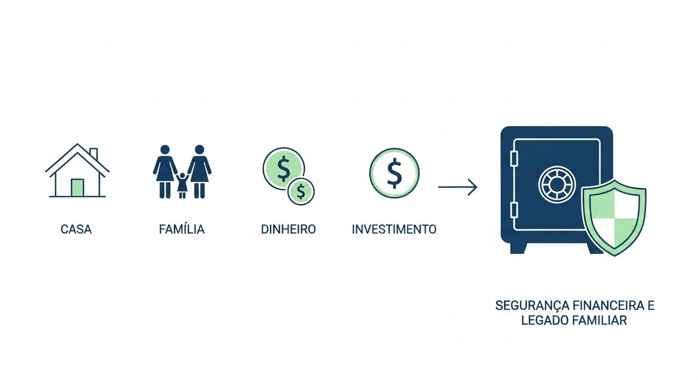 Flowchart: house, family, money, investment to safe with shield labeled 