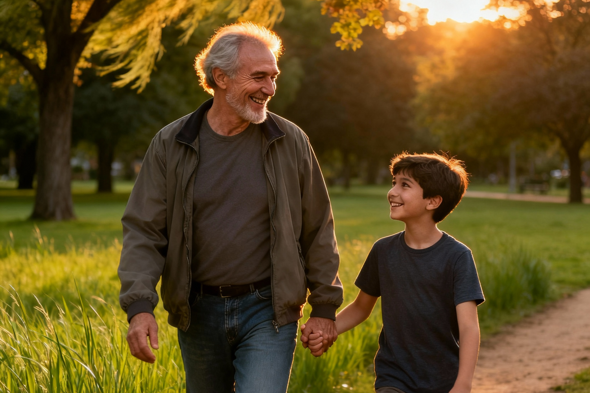 A man and a boy walk, holding hands, along a park path at sunset.