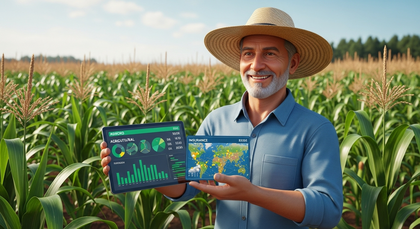 Farmer in straw hat smiling, holding tablets with charts in a cornfield.