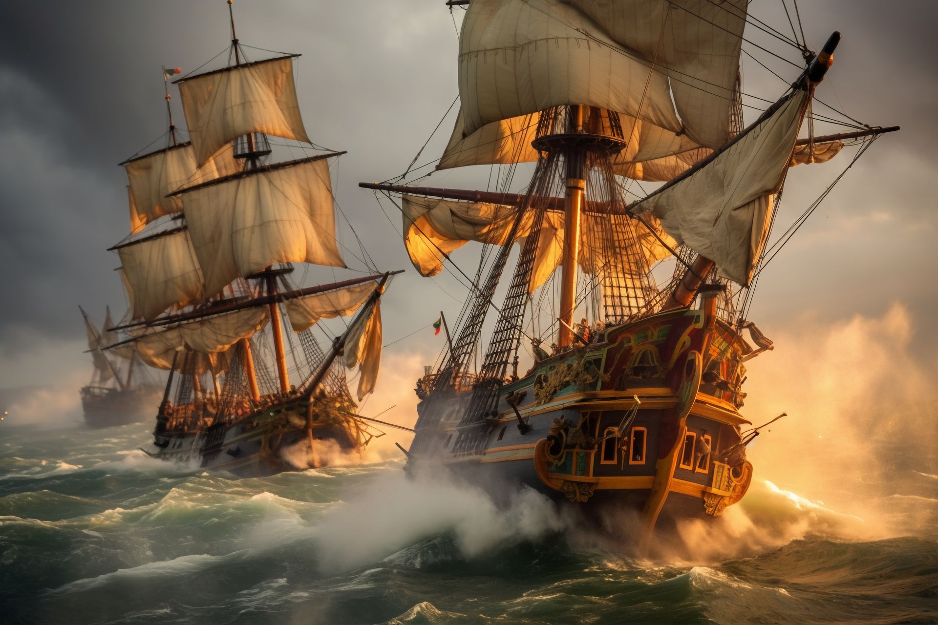 Sailboats on stormy seas, illuminated by sunlight.