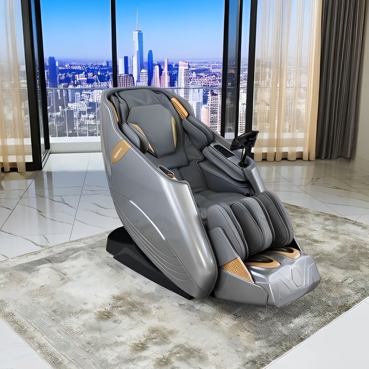 A grey massage chair is sitting on a rug in front of a window