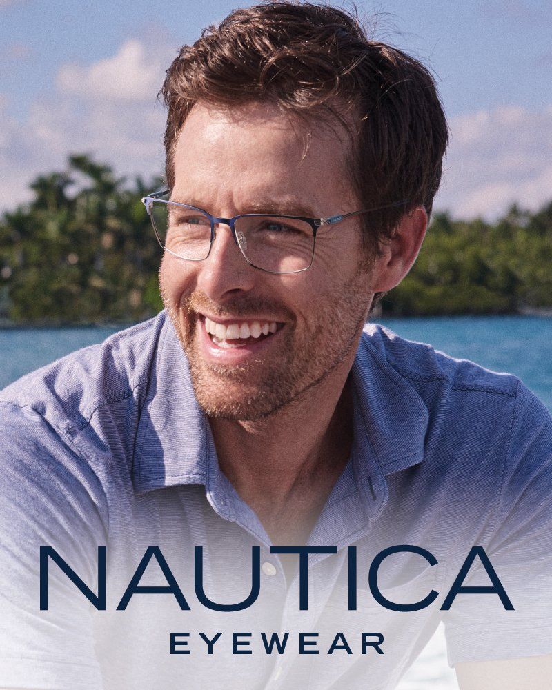 A smiling person wearing Nautica glasses, set against a blurred tropical ocean background with branding text below.