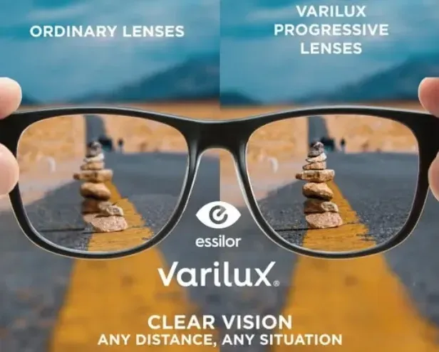 Hands holding glasses showing a blurred view through ordinary lenses and a sharp view through Varilux progressive lenses.