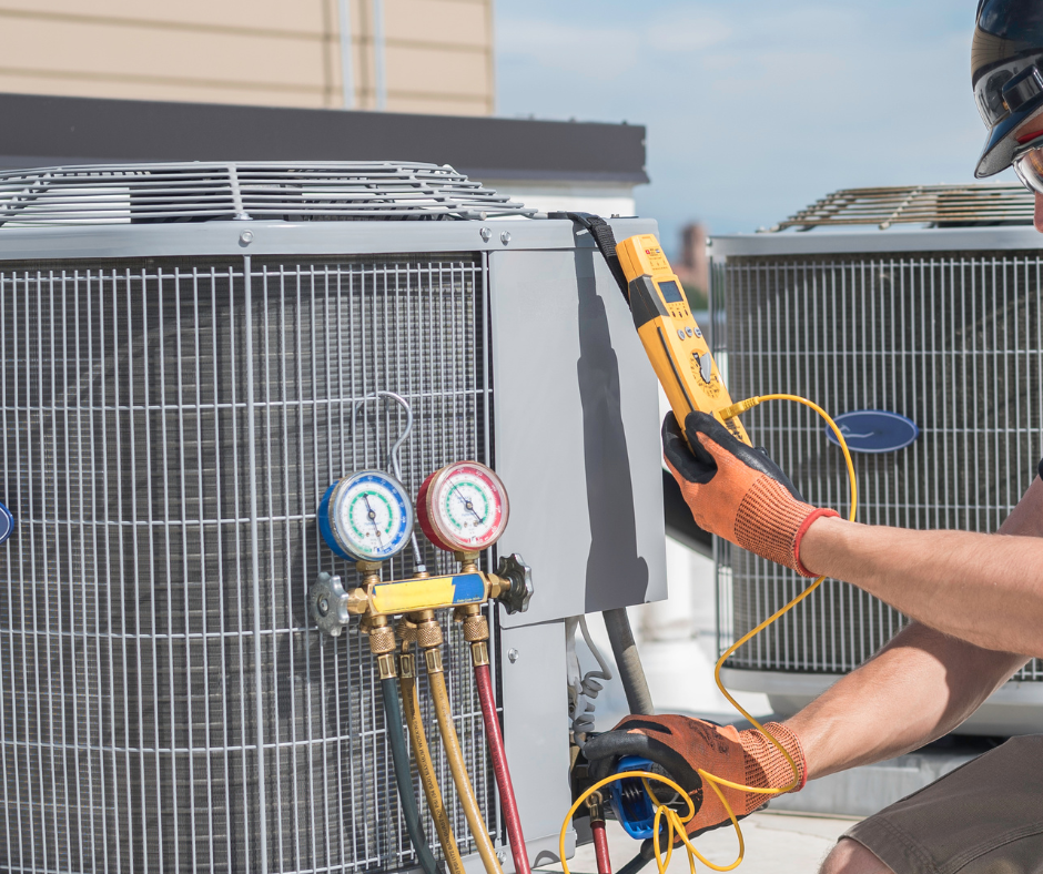 HVAC tune-up services with performance diagnostics on rooftop air conditioning unit