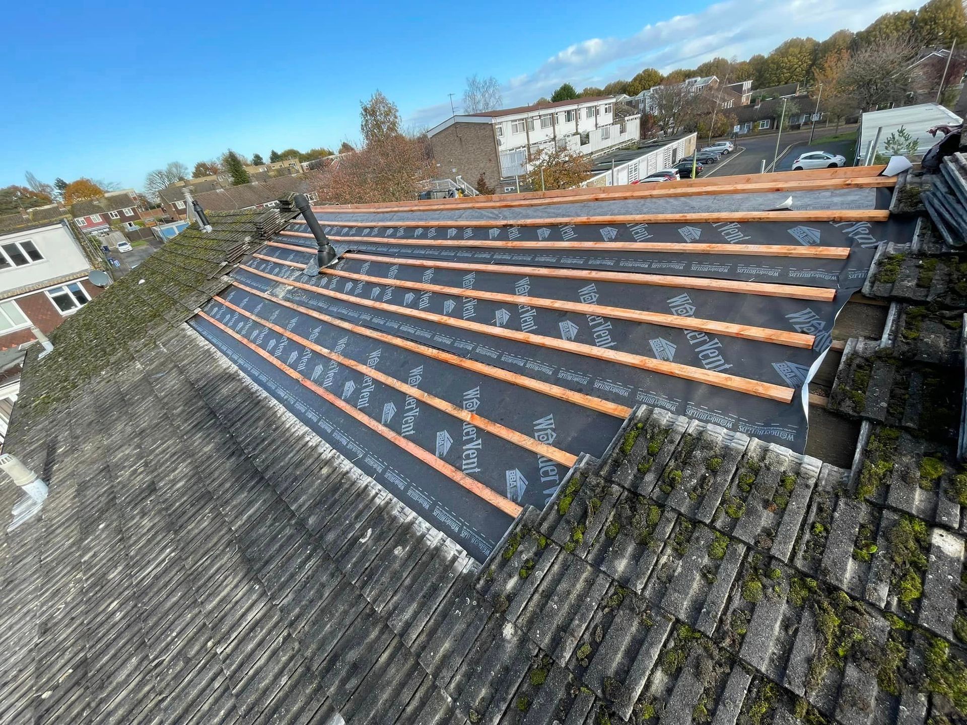 An aerial view of a roof under construction.