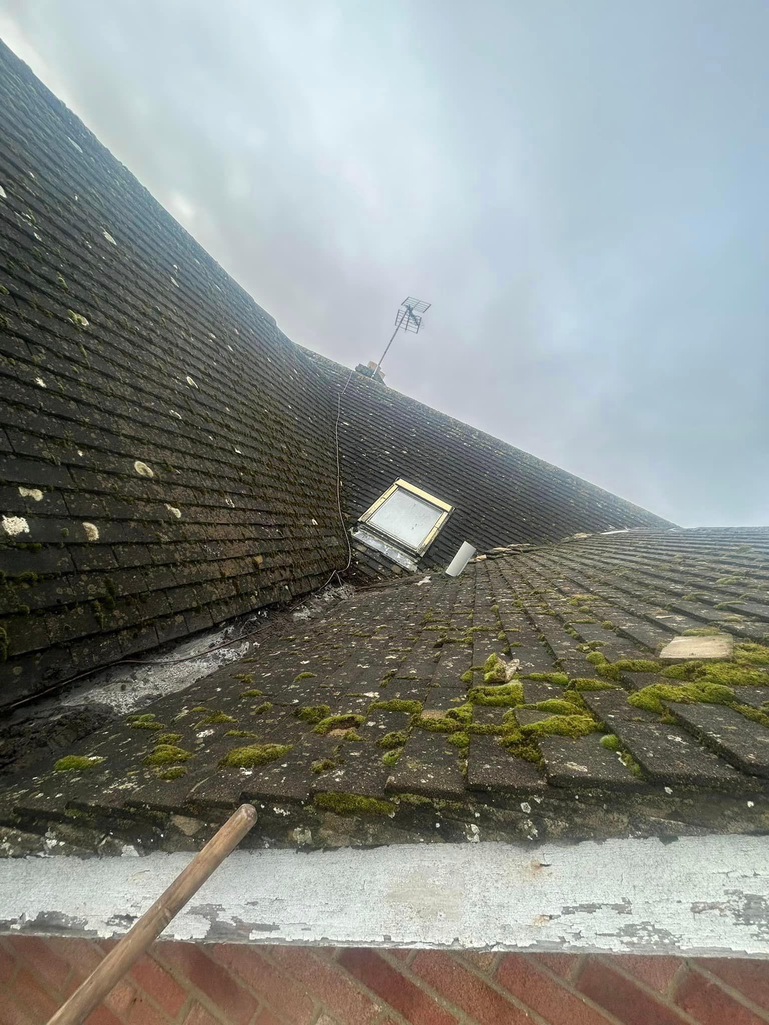 A roof with a skylight and a brick wall.