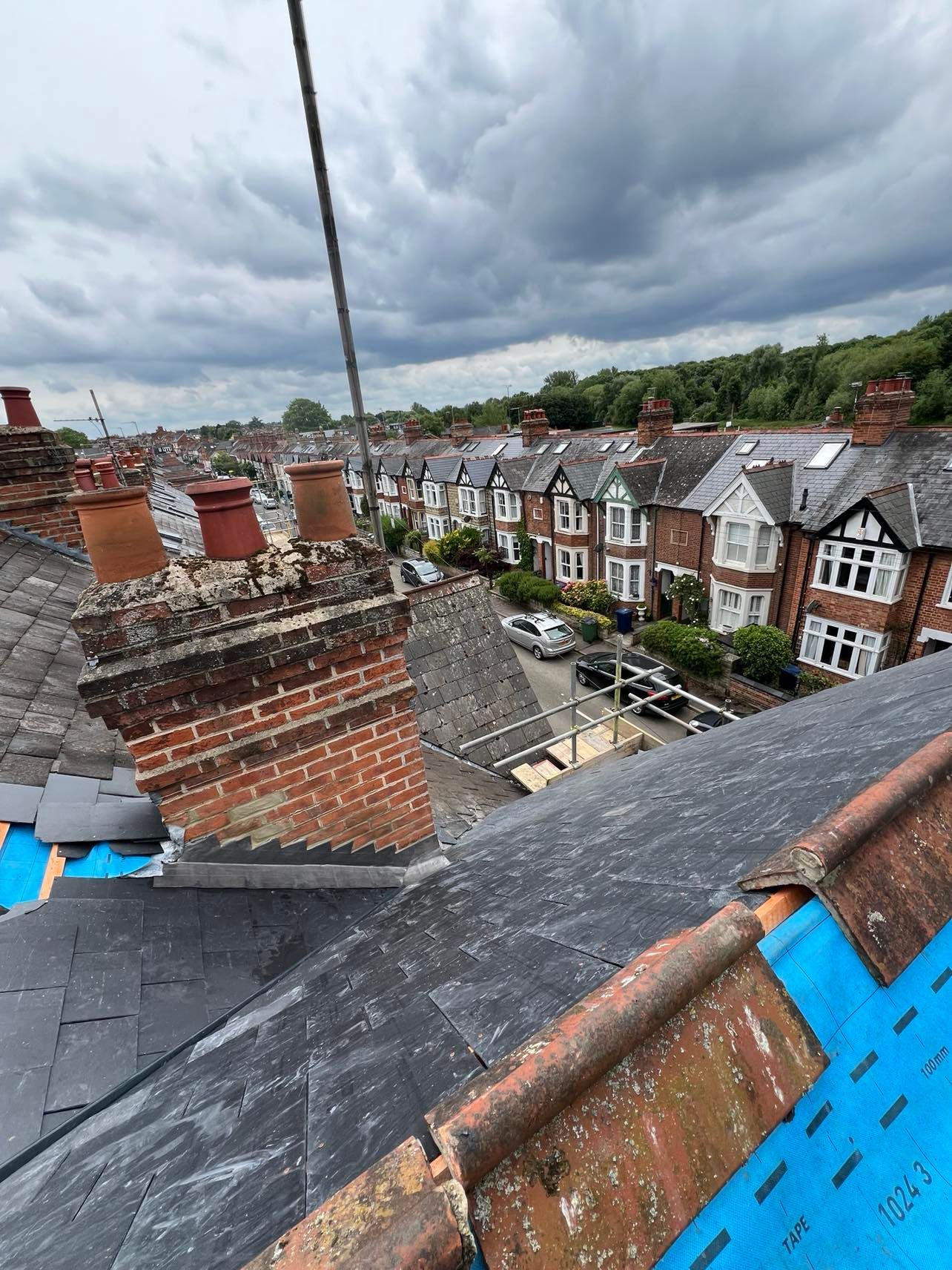A roof with a lot of chimneys on it and a row of houses in the background.