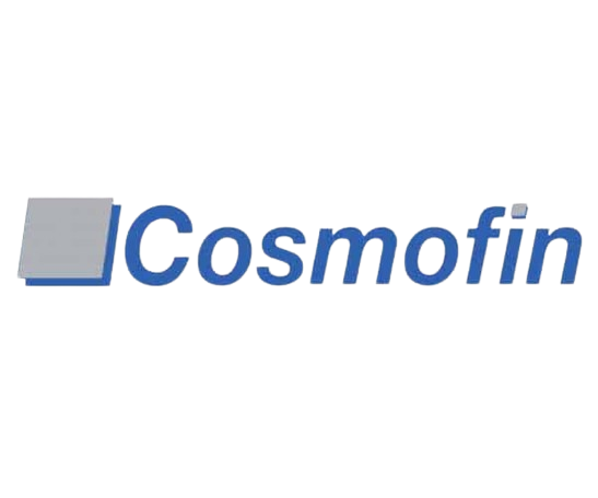 A blue and white logo for cosmofin on a white background
