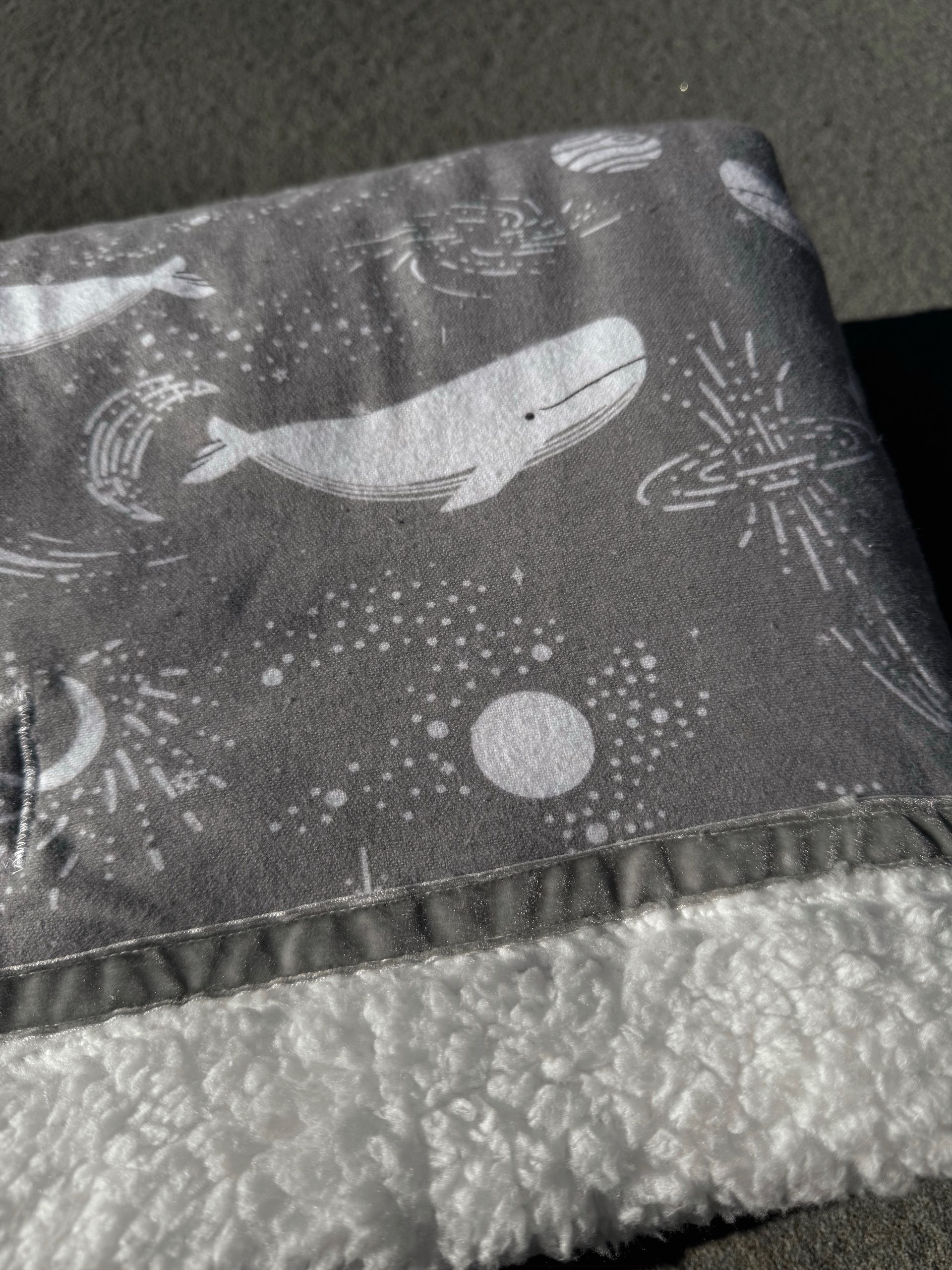 kadori sherpa baby blanket with printed grey whale material