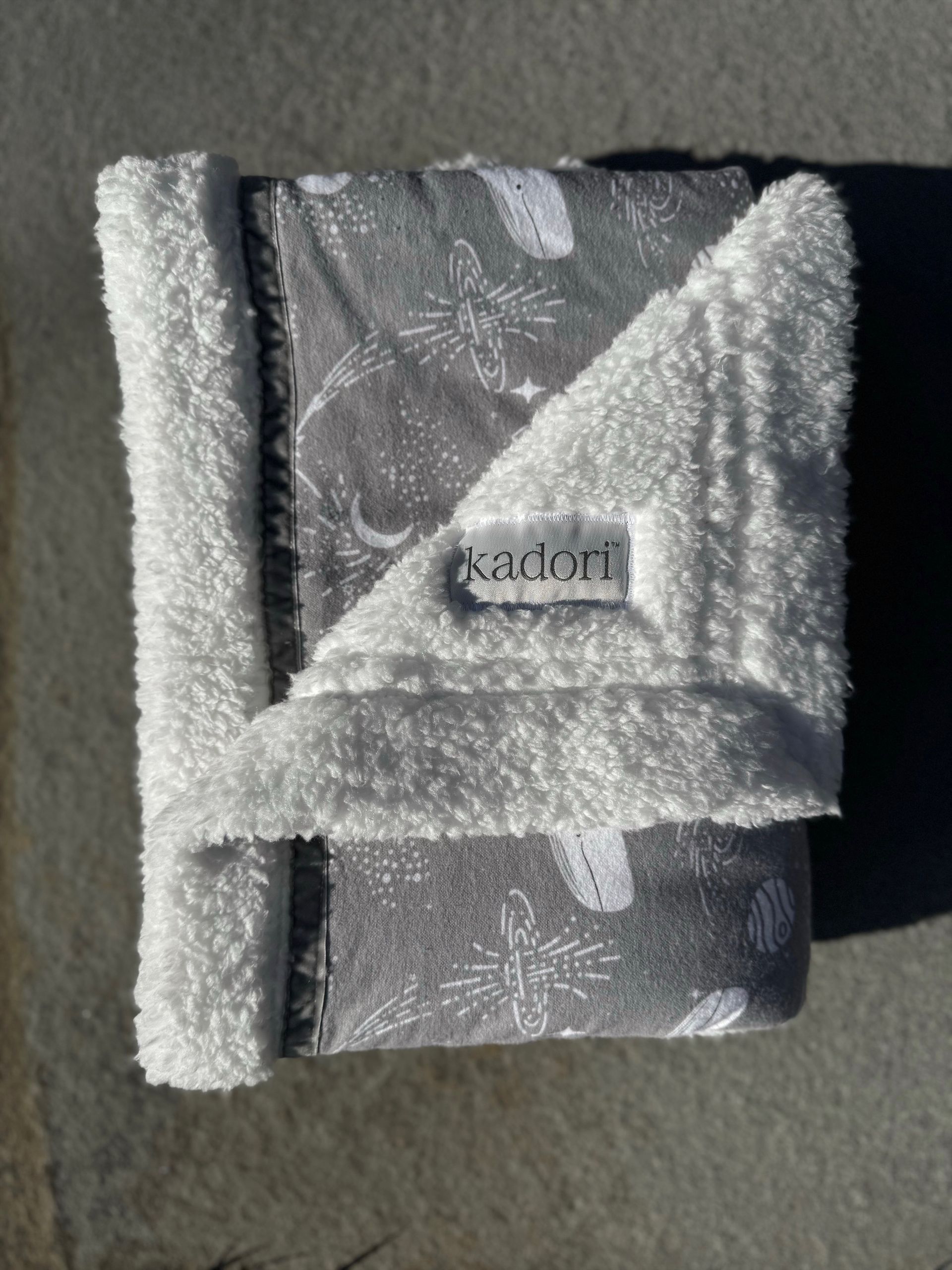kadori sherpa baby blanket with printed grey whale material