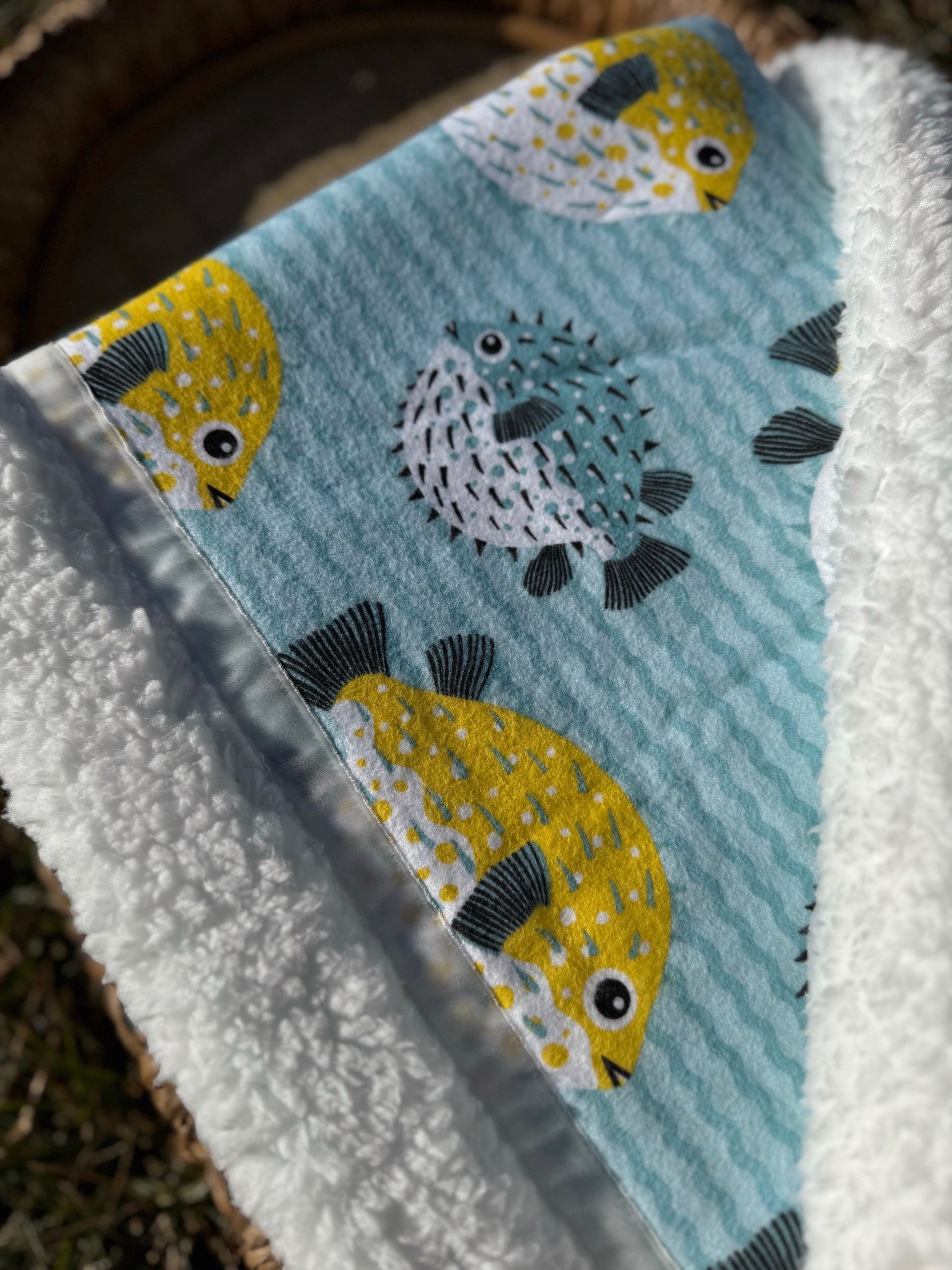 kadori sherpa baby blanket with printed puffer fish material
