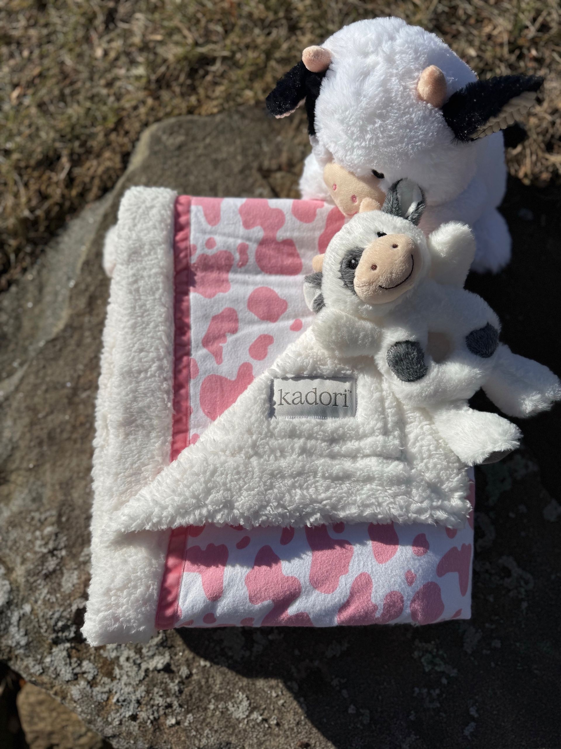 kadori sherpa baby blanket with printed cow print material