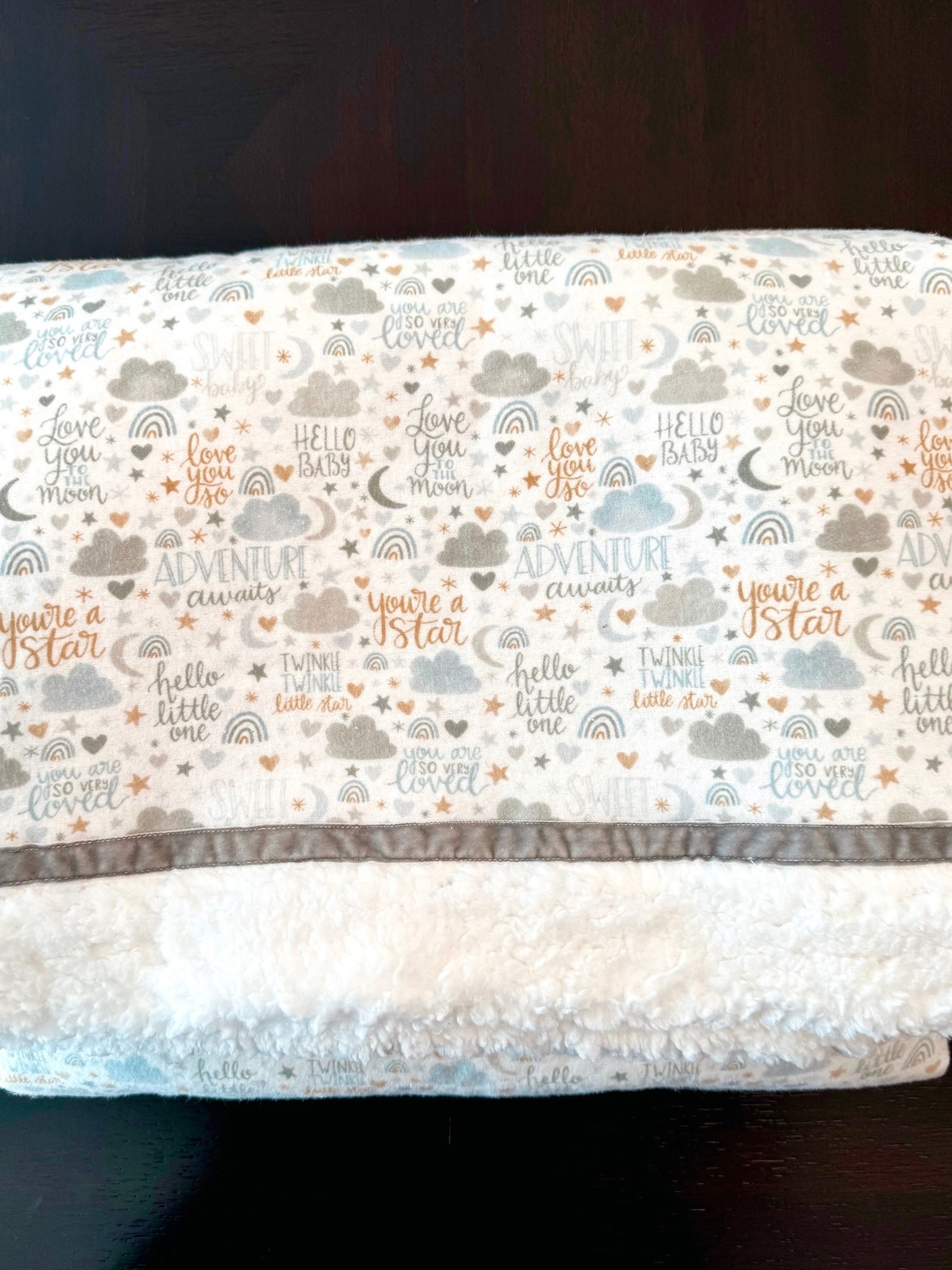 kadori sherpa baby blanket with hello little one printed material
