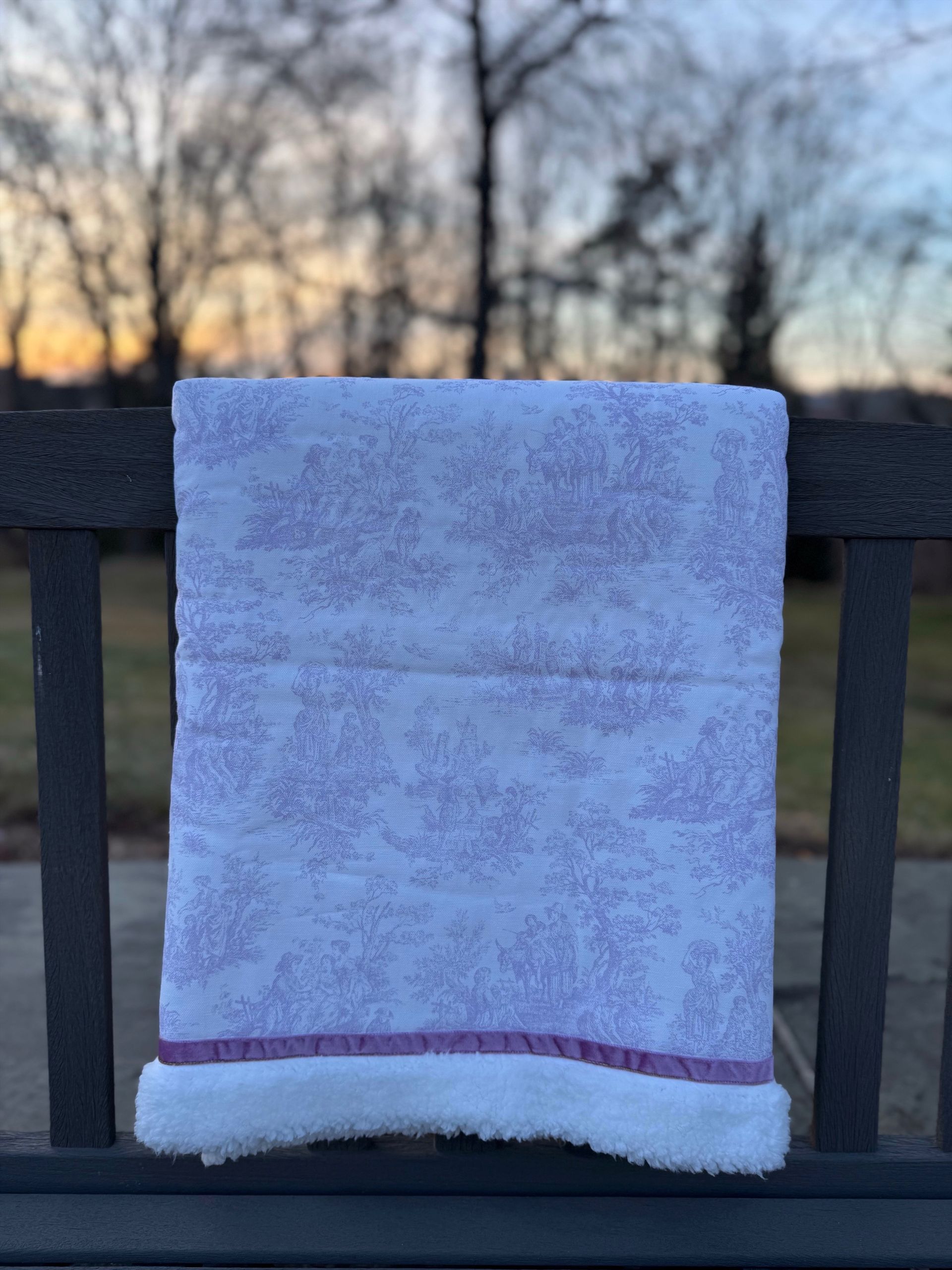 kadori sherpa baby blanket with printed lilac toile material