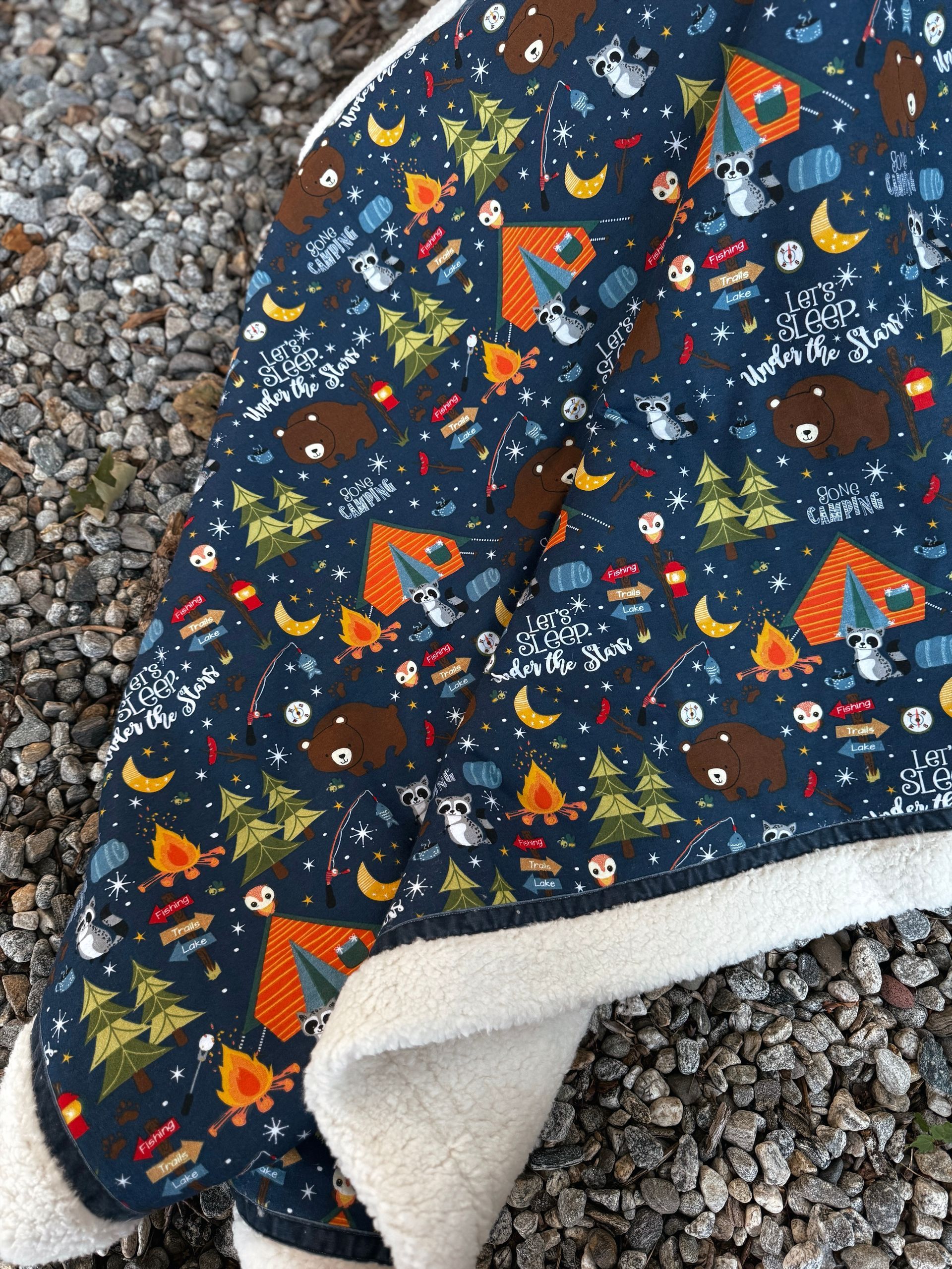 kadori sherpa baby blanket with printed camping material