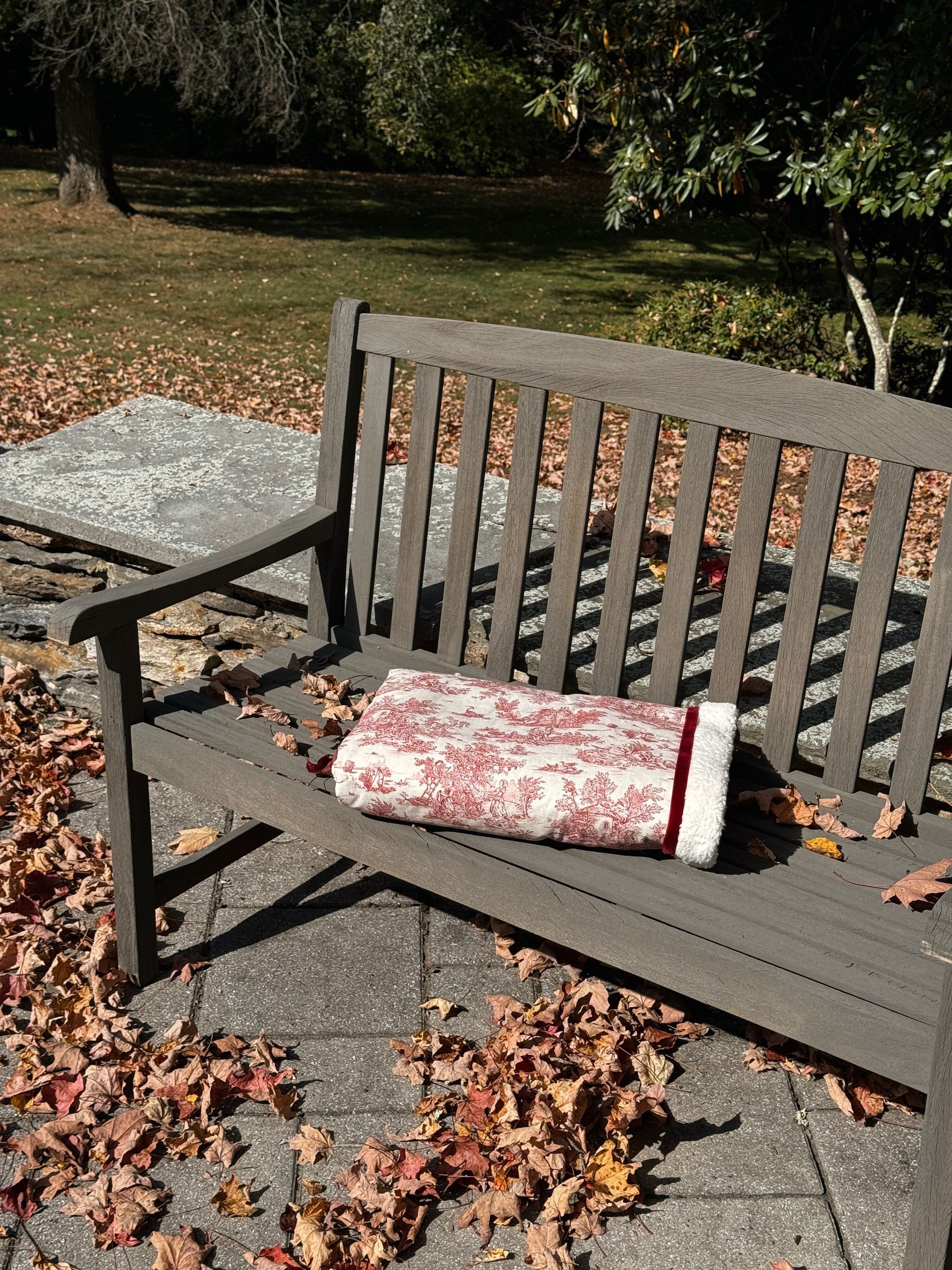 sherpa blankets with printed material that is a red toile fabric