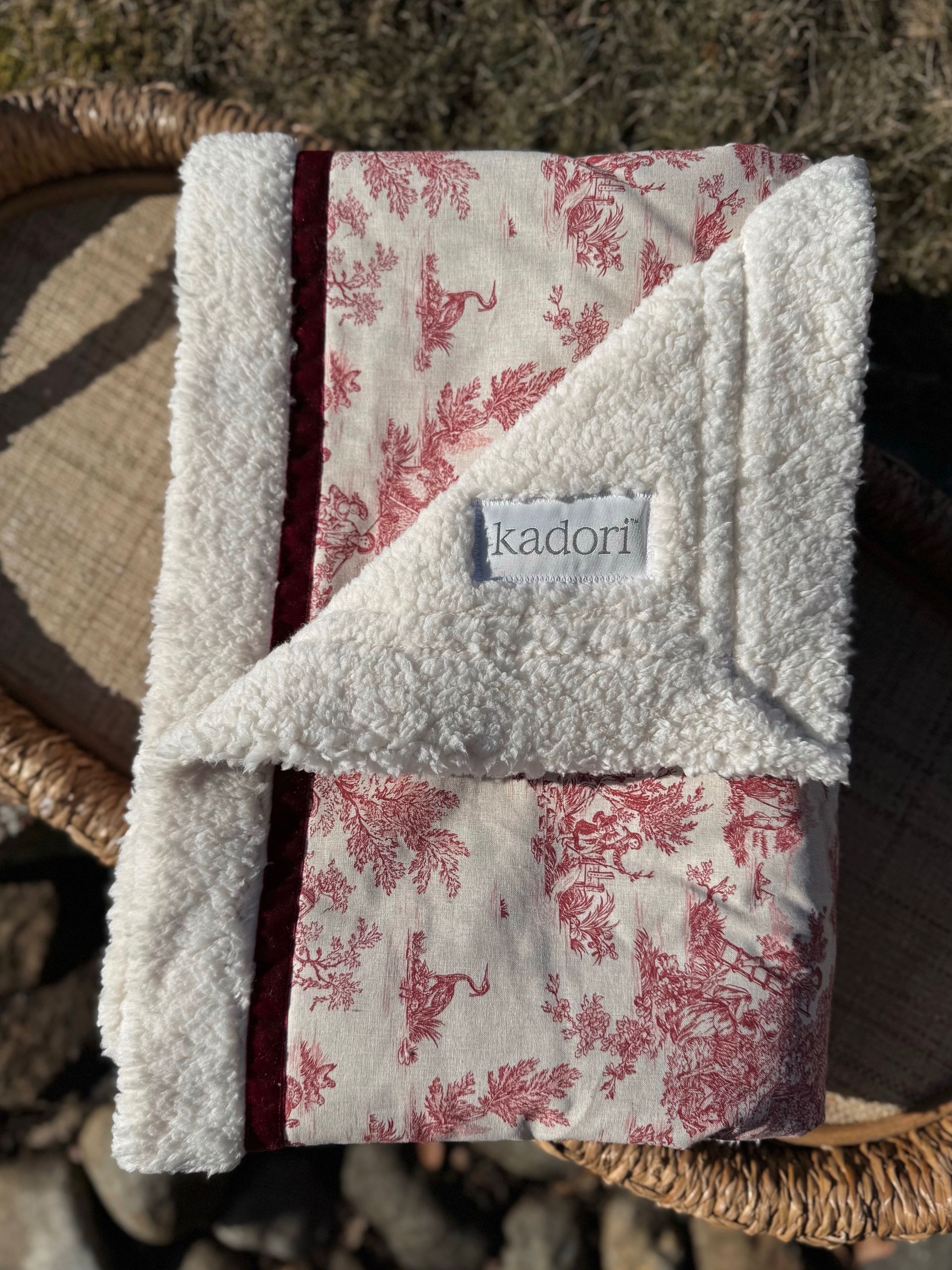 kadori sherpa baby blanket with printed red toile material