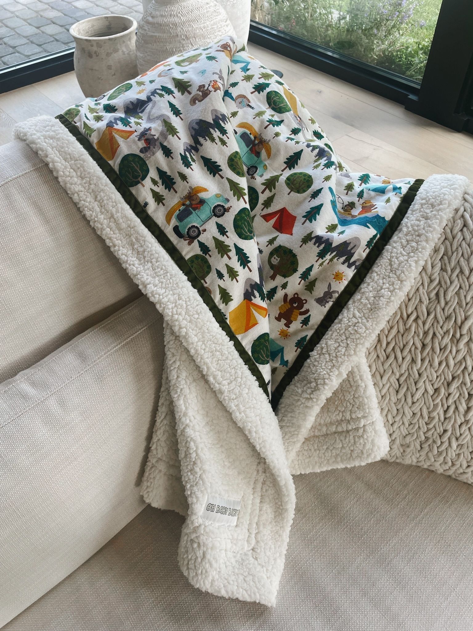 kadori sherpa baby blanket with camping printed material
