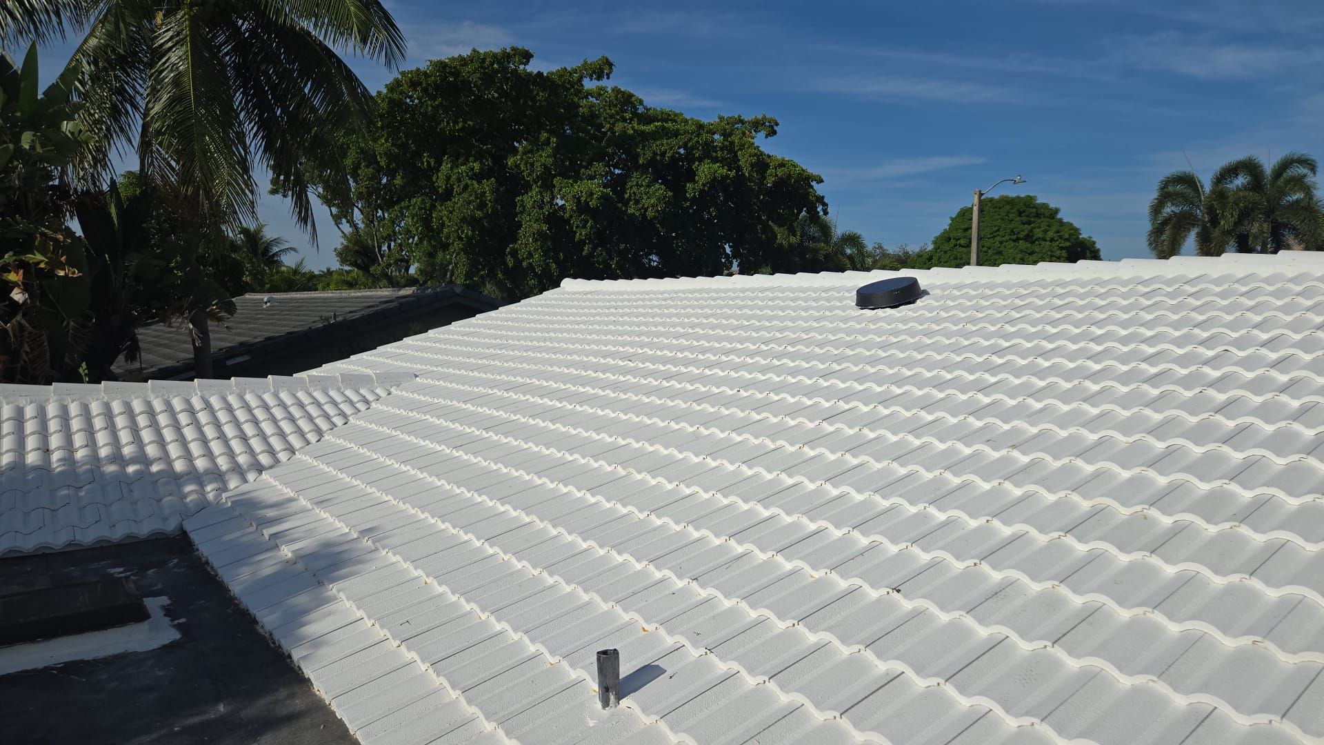 A white tiled roof under a bright blue sky, with tropical trees visible in the background.