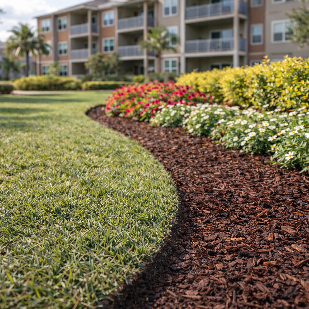 Curved mulched garden bed with colorful flowers beside a grassy lawn and apartment buildings.