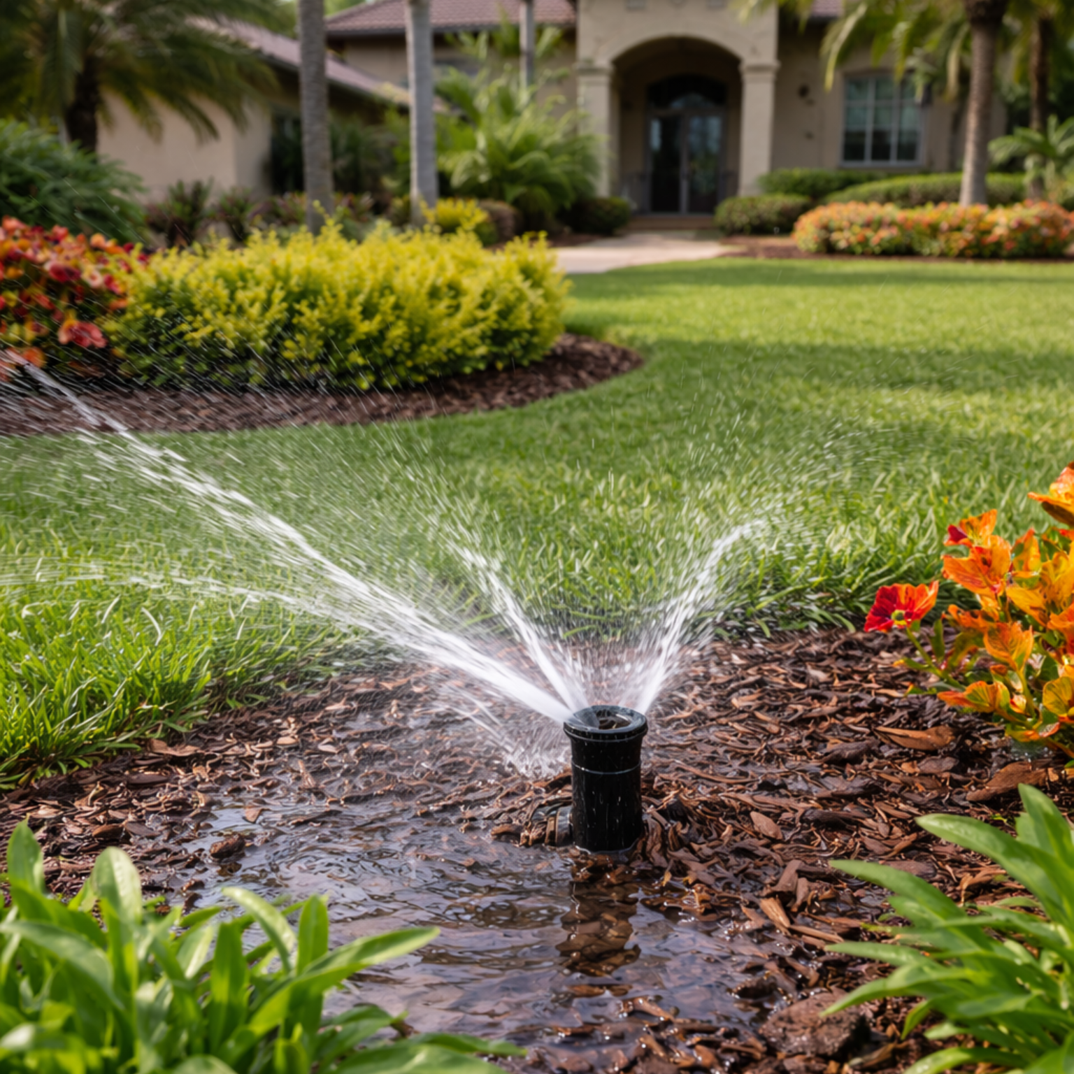 Lawn sprinkler spraying water over a green landscaped garden with flowers and a house in the background