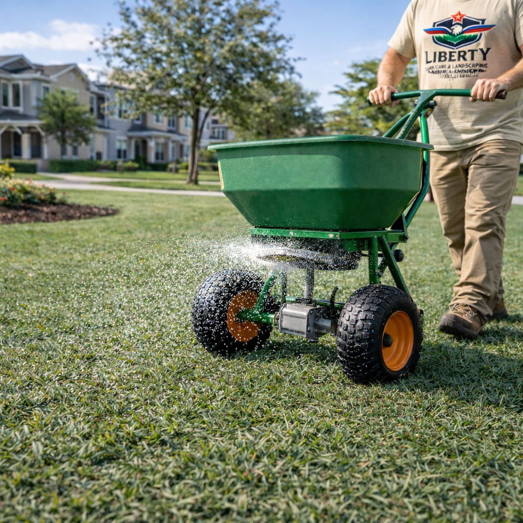 Person pushing a green fertilizer spreader on a suburban lawn in front of houses