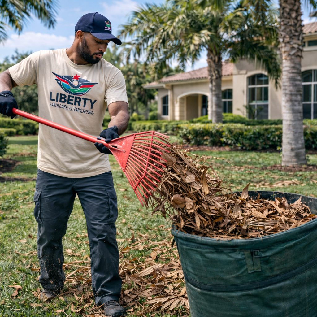 Gardener raking dry leaves into a green yard waste bag in a palm-lined front yard