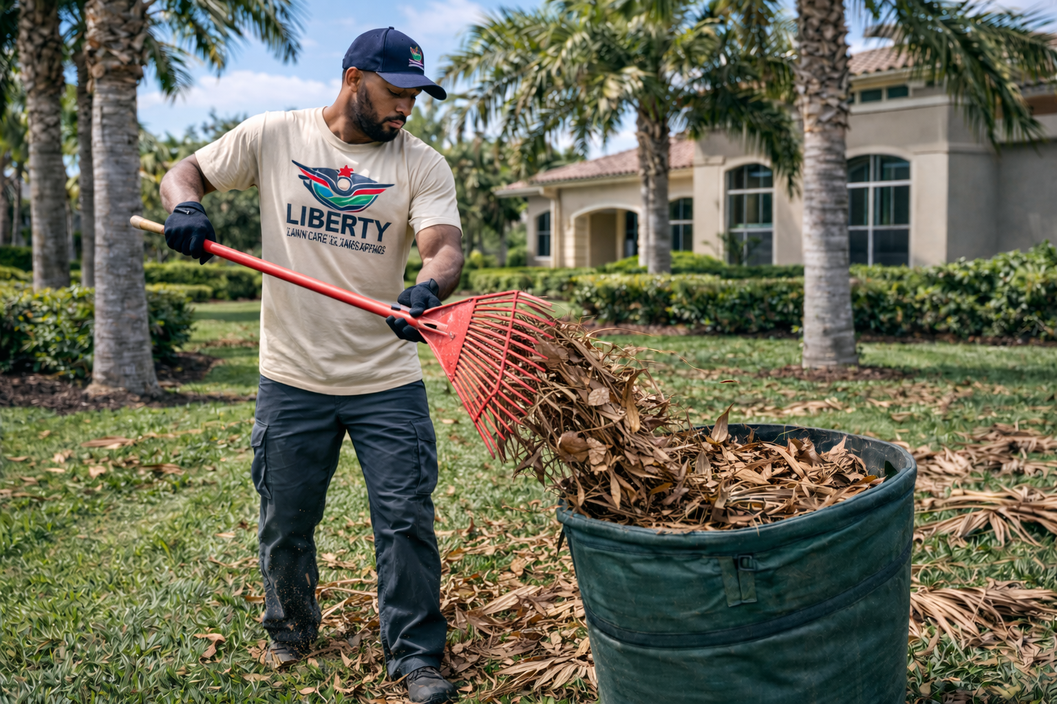 Person raking leaves into a yard waste bin outside a building
