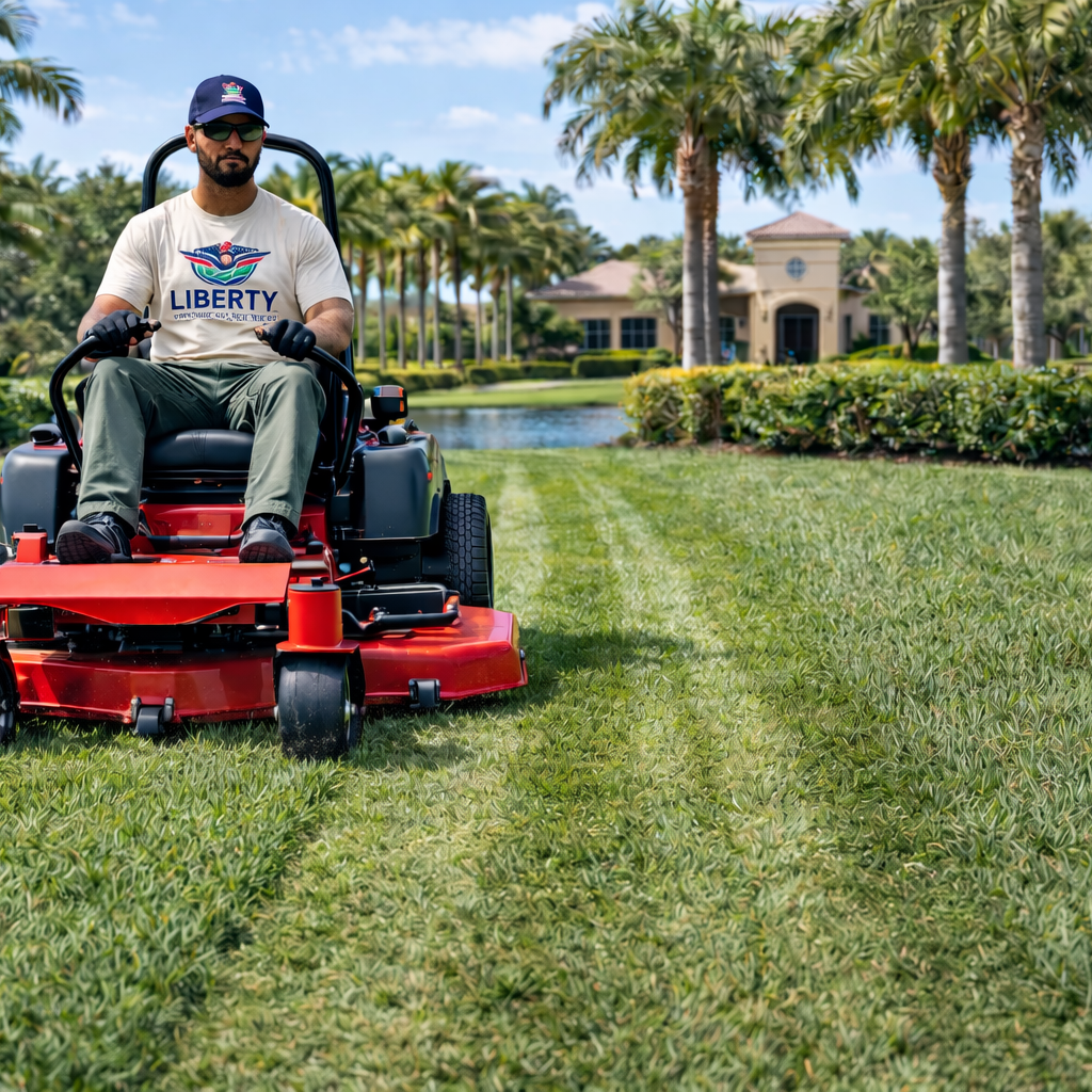 Man on a red riding mower cutting grass in a palm-lined suburban yard