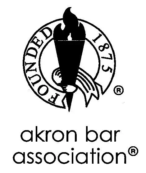Akron Bar Association logo: Torch with flame, circle with "FOUNDED 1875", and organization's name.