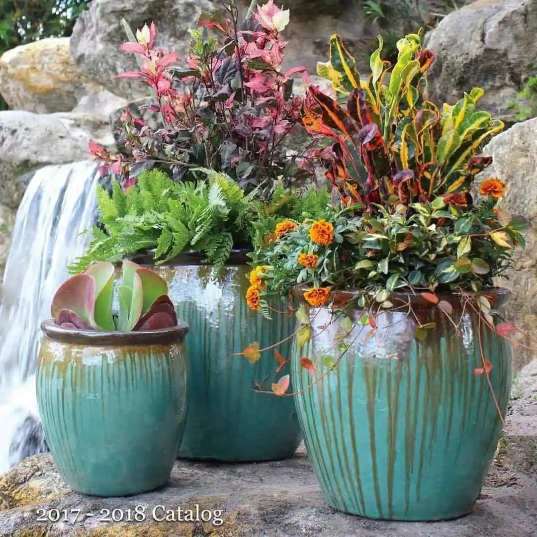 Three turquoise glazed ceramic pots with assorted plants in front of a small waterfall. The plants include succulents, marigolds, and colorful foliage.