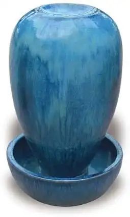 Blue glazed ceramic water fountain with an urn-shaped top and a round basin base.