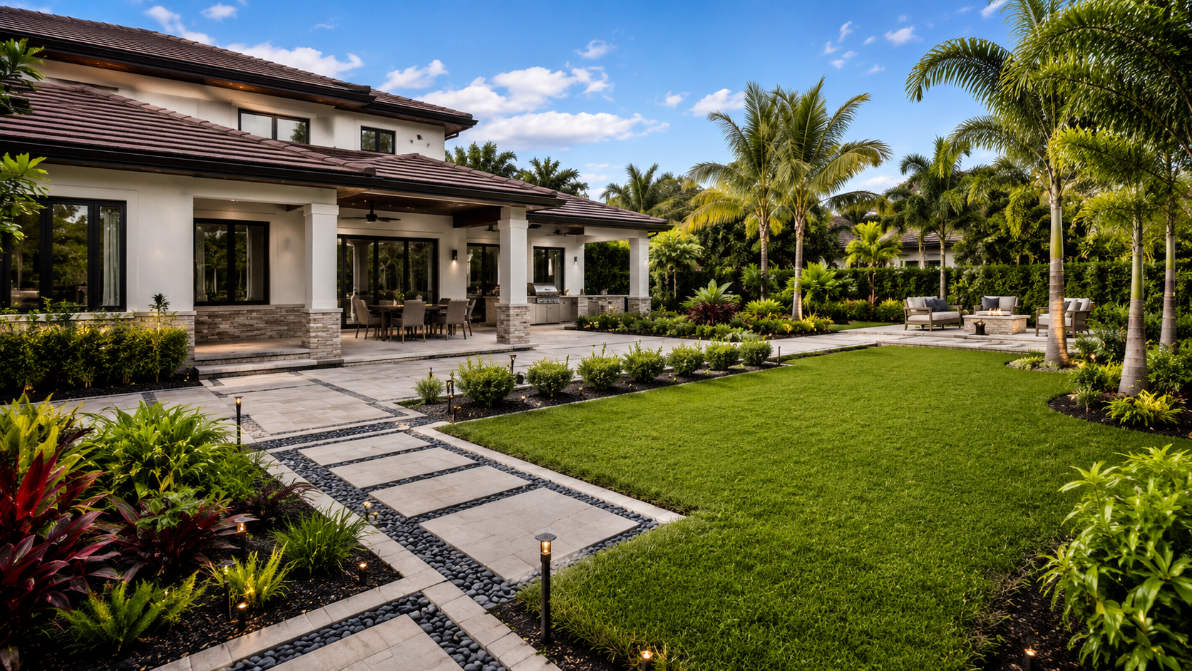 Outdoor living construction with patio, outdoor kitchen, firepit, and pavilion