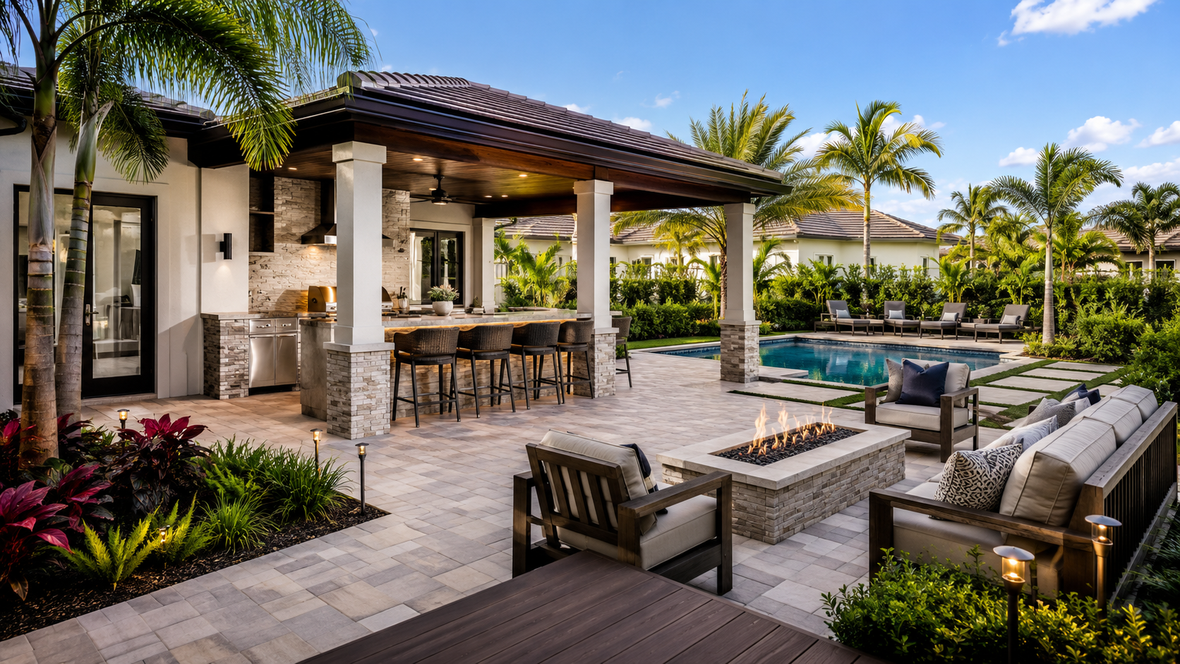 Complete landscape construction with hardscaping, lawn, planting beds, and property improvements