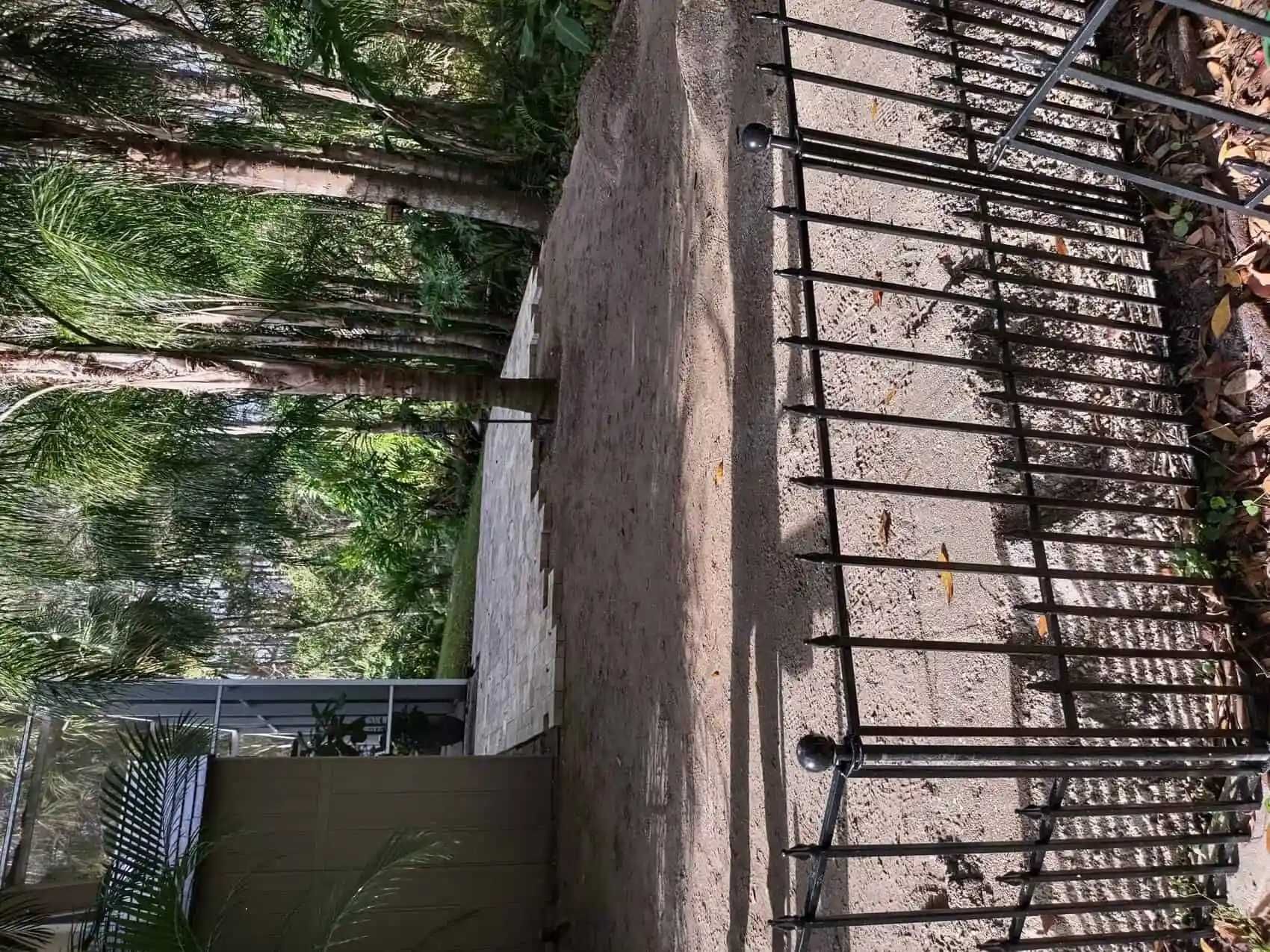 Concrete wall next to a metal fence. Trees and greenery in the background.