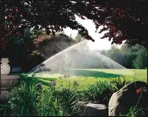 A sprinkler sprays water across a green lawn, framed by trees and foliage in a garden setting.