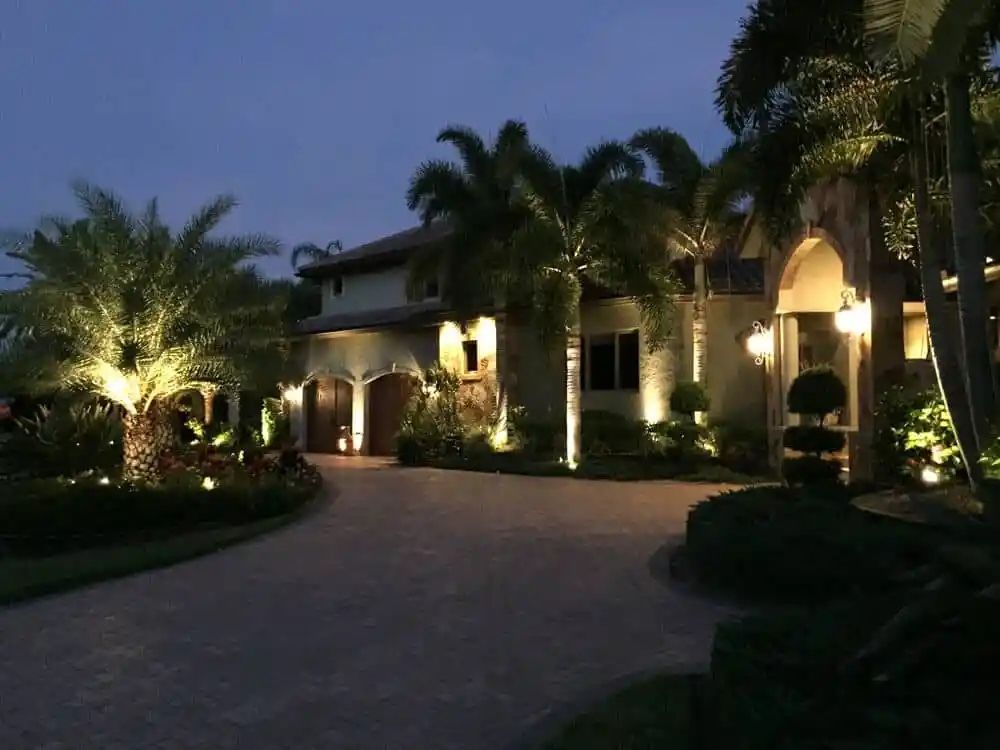 Nighttime view of a house with palm trees, illuminated by outdoor lights. A driveway curves toward the entrance.