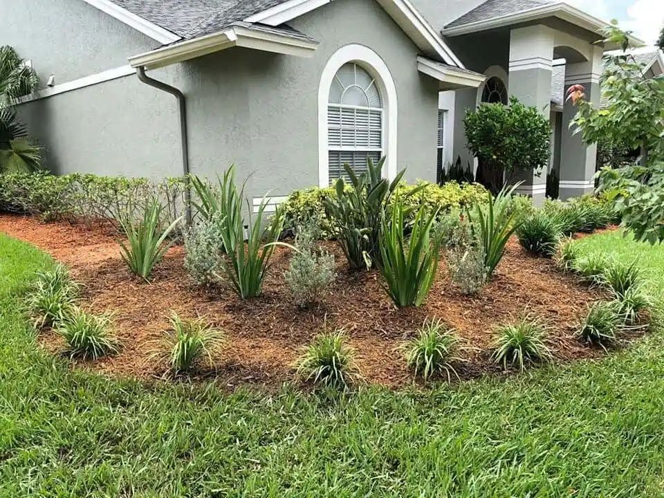 A house with a landscaped front yard featuring a variety of plants and fresh mulch. The yard is surrounded by green grass.