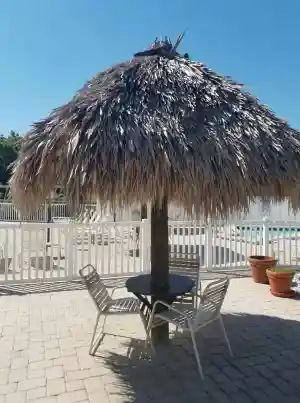 A thatched umbrella shades a small table and three chairs on a brick patio near a pool and white fence.